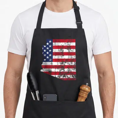 Arizona flag pride apron - Distressed Arizona state map silhouette filled with red white and blue US flag pattern — shown on a black cotton canvas apron against a white background