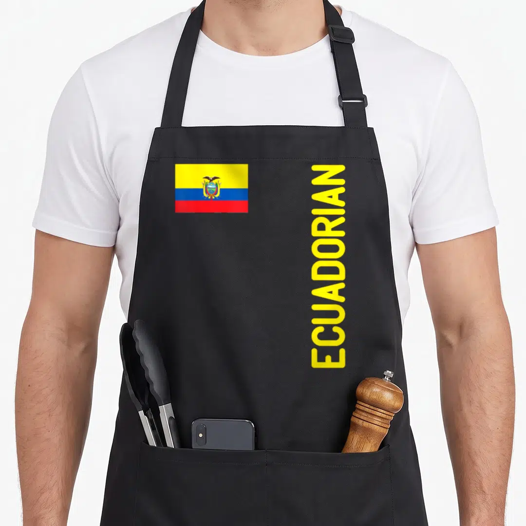 Flag ecuador apron - Vertical yellow ECUADORIAN text beside a small tricolor flag with yellow blue and red bands — shown on a black cotton canvas apron against a white background