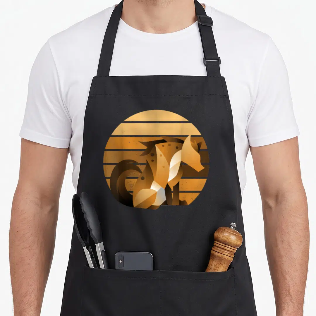 Zoo hyena animal apron - Stylized geometric fox in orange and brown against striped circle — shown on a black cotton canvas apron against a white background