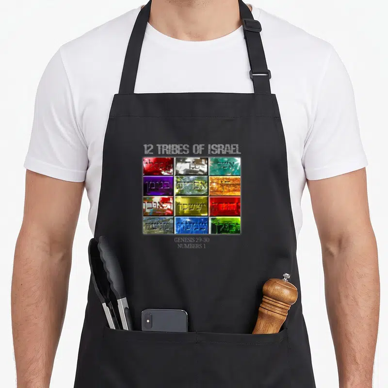 Judah hebrew aprons - Colored rectangular grid with white Hebrew text and 12 Tribes of Israel caption — shown on a black cotton canvas apron against a white background