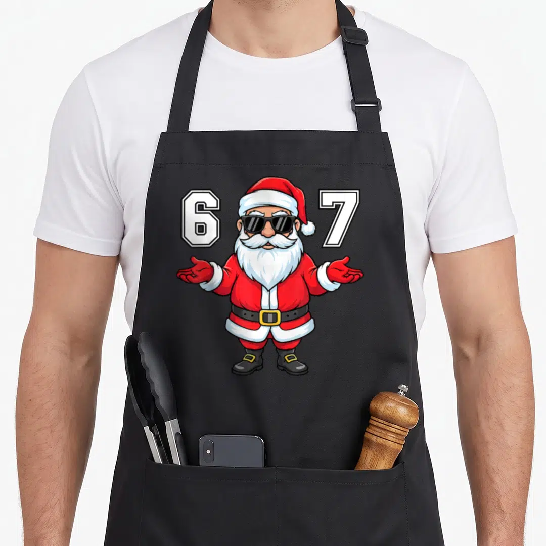 Six christmas santa apron - Cartoon Santa with sunglasses and outstretched arms flanked by numbers 6 and 7 — shown on a black cotton canvas apron against a white background