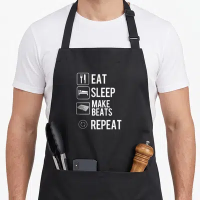 Eat hip apron - White text EAT SLEEP MAKE BEATS REPEAT stacked with icons of cutlery, bed, and drum machine in rounded — shown on a black cotton canvas apron against a white background
