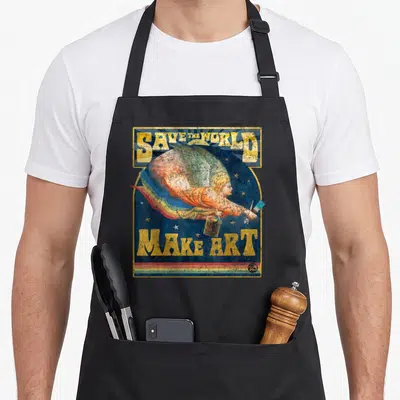Save painter apron - angel holding paint bucket and brush between save the world make art text on blue starry background — shown on a black cotton canvas apron against a white background
