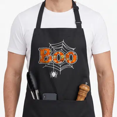 Boo cute halloween aprons - Orange BOO text with doodles over white spiderweb and hanging spider — shown on a black cotton canvas apron against a white background