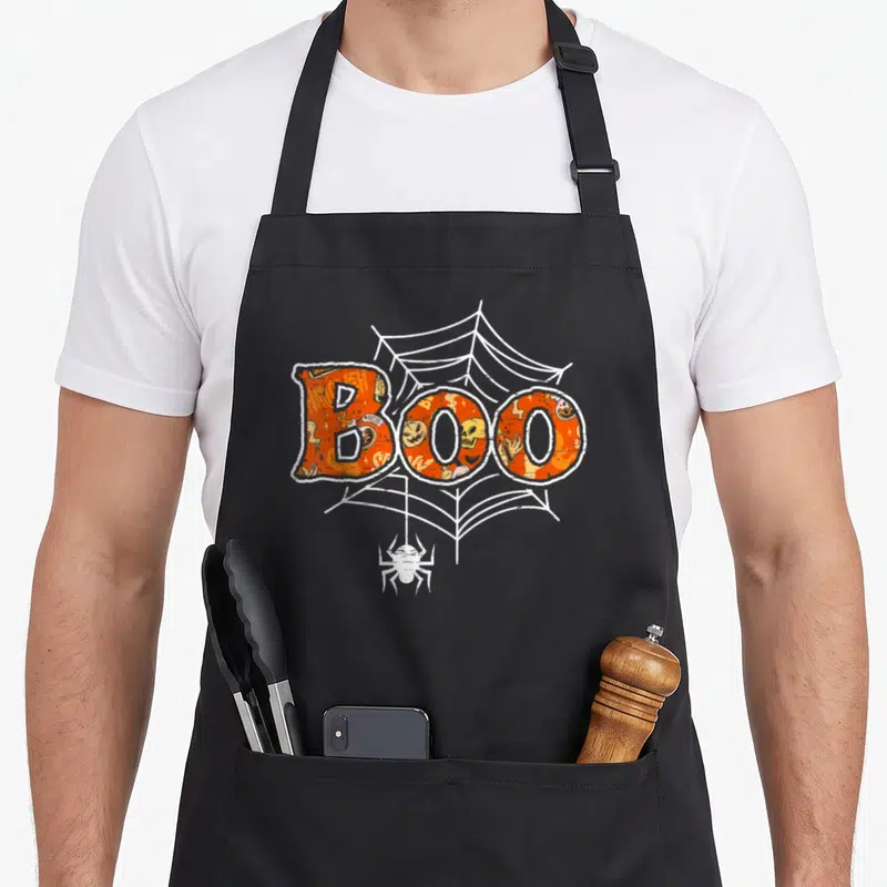 Boo cute halloween aprons - Orange BOO text with doodles over white spiderweb and hanging spider — shown on a black cotton canvas apron against a white background
