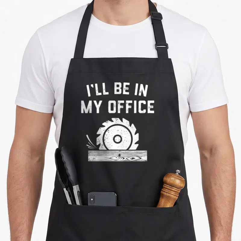 Woodworking father handyman apron - White distressed circular saw cutting wood plank below stacked text I'll be in my — shown on a black cotton canvas apron against a white background