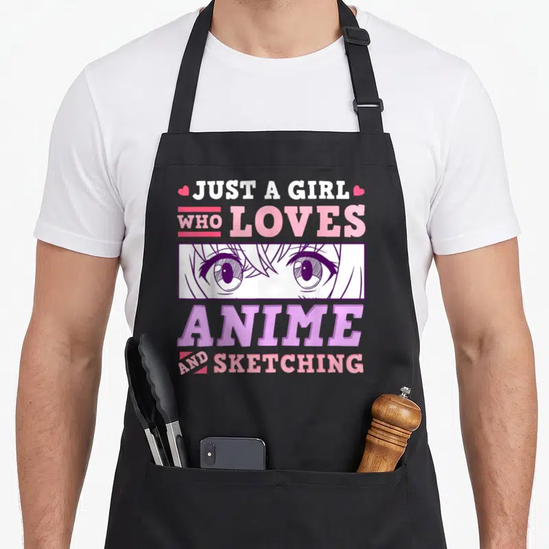 Sketching anime apron for grilling - Stacked text Just a Girl Who Loves Anime and Sketching above purple anime eyes — shown on a black cotton canvas apron against a white background