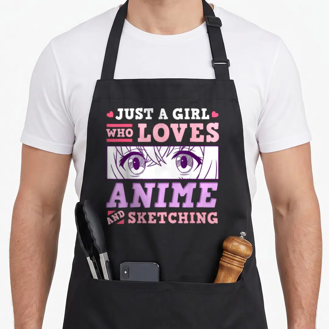Sketching anime apron for grilling - Stacked text Just a Girl Who Loves Anime and Sketching above purple anime eyes — shown on a black cotton canvas apron against a white background
