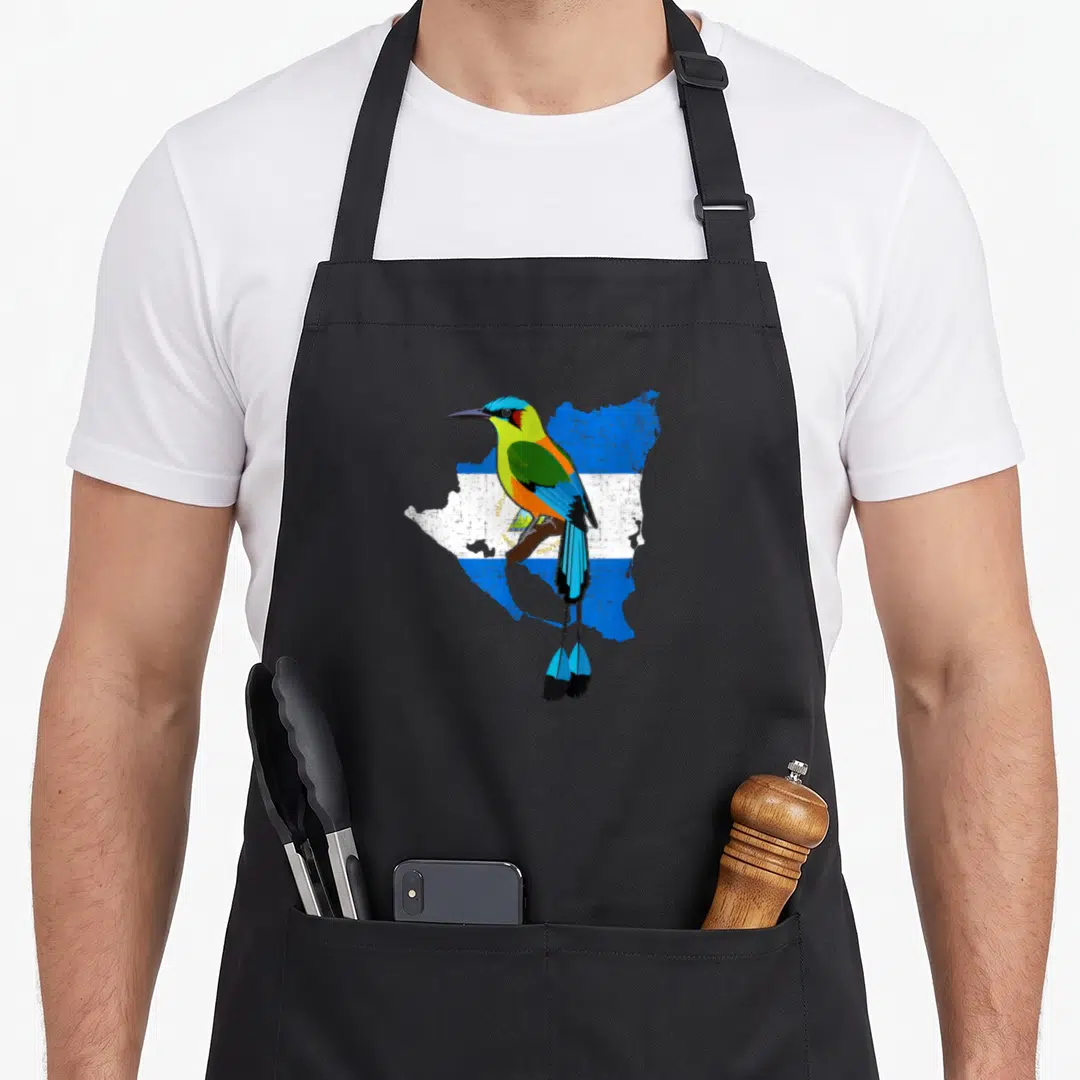 Cute nicaragua nicaraguan girl apron - Cartoon bird on Nicaragua map with blue yellow green white flag colors and text — shown on a black cotton canvas apron against a white background