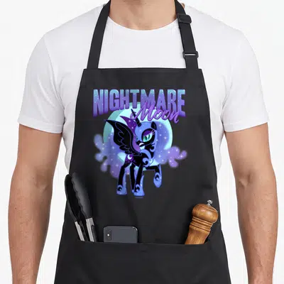 Luna magic apron - NIGHTMARE Moon text over a blue winged pony with purple clouds and stars — shown on a black cotton canvas apron against a white background