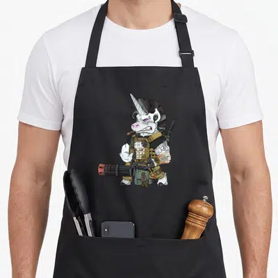 Patriot tactical apron - Cartoon white unicorn in tan vest holding minigun with olive pouch and sword — shown on a black cotton canvas apron against a white background