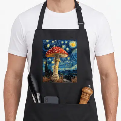 Mushroom van gogh apron - Red mushroom in swirling blue starry night sky with moon and stars watercolor style — shown on a black cotton canvas apron against a white background