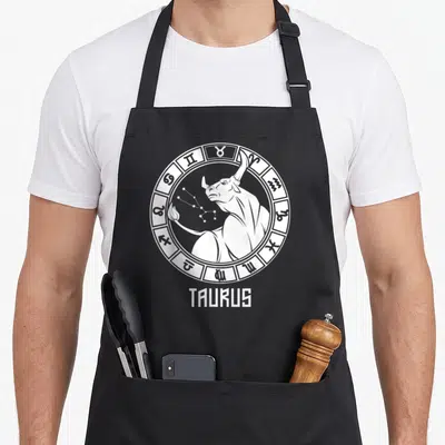 Sign april birthday apron - White line art of a bull and stars inside a zodiac circle with TAURUS text below — shown on a black cotton canvas apron against a white background