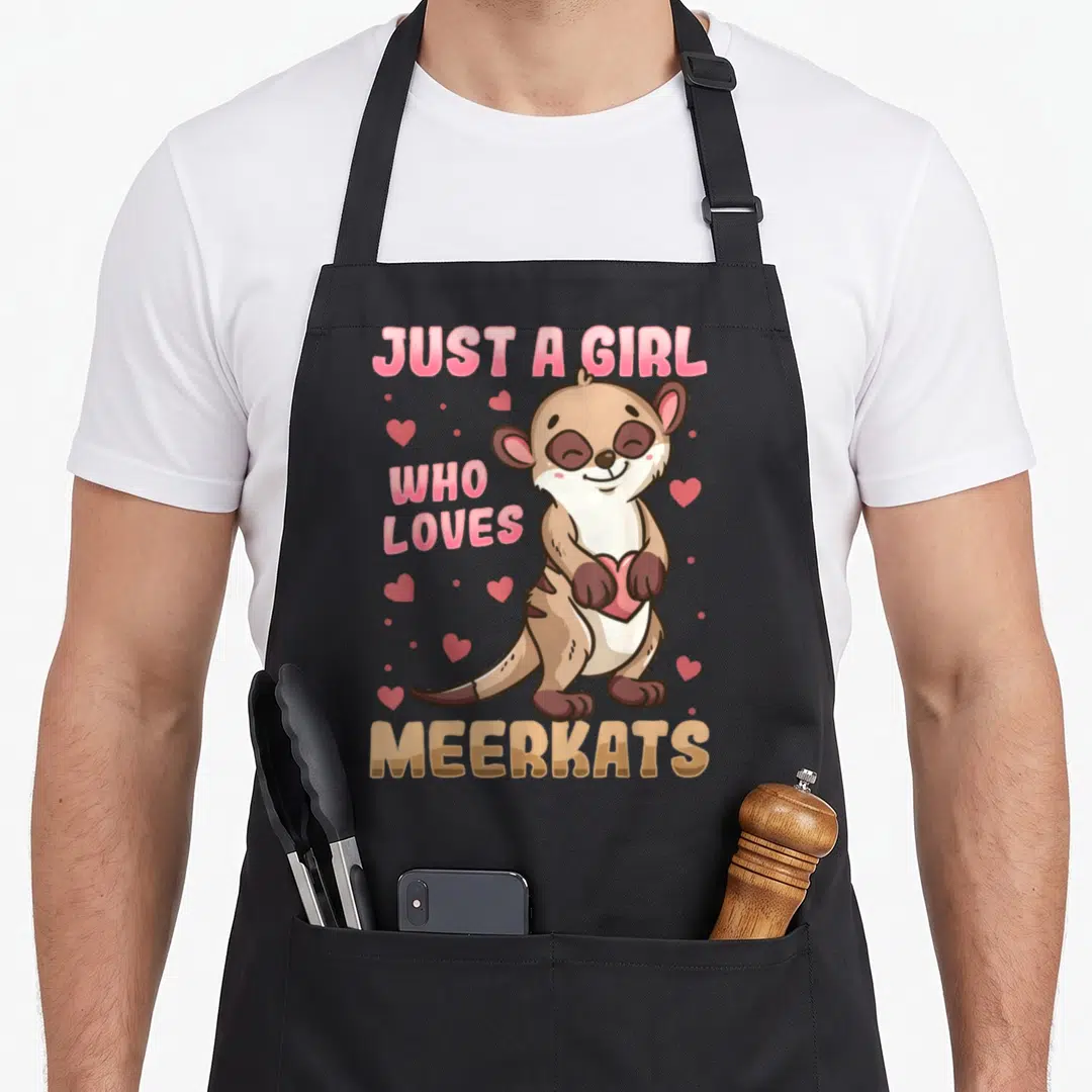 Animal meerkat apron - Cartoon meerkat holding pink heart with Just a Girl Who Loves Meerkats text in pink and tan — shown on a black cotton canvas apron against a white background