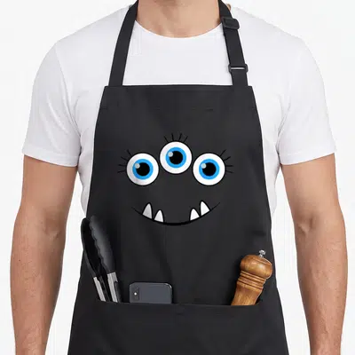 Three halloween apron - Cartoon monster face with three blue eyes and two white teeth on black outline — shown on a black cotton canvas apron against a white background