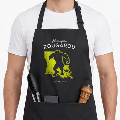 Bayou louisiana apron - Dark grey Rougarou over lime green Louisiana map with white text Home of the ROUGAROU — shown on a black cotton canvas apron against a white background