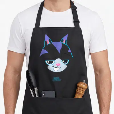 Gabby halloween apron - Cartoon grey cat head with purple ears and blue outlines centered on black fabric — shown on a black cotton canvas apron against a white background