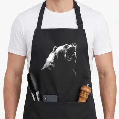 Hike bear apron - White line-art illustration of a roaring bear head and shoulders in profile — shown on a black cotton canvas apron against a white background