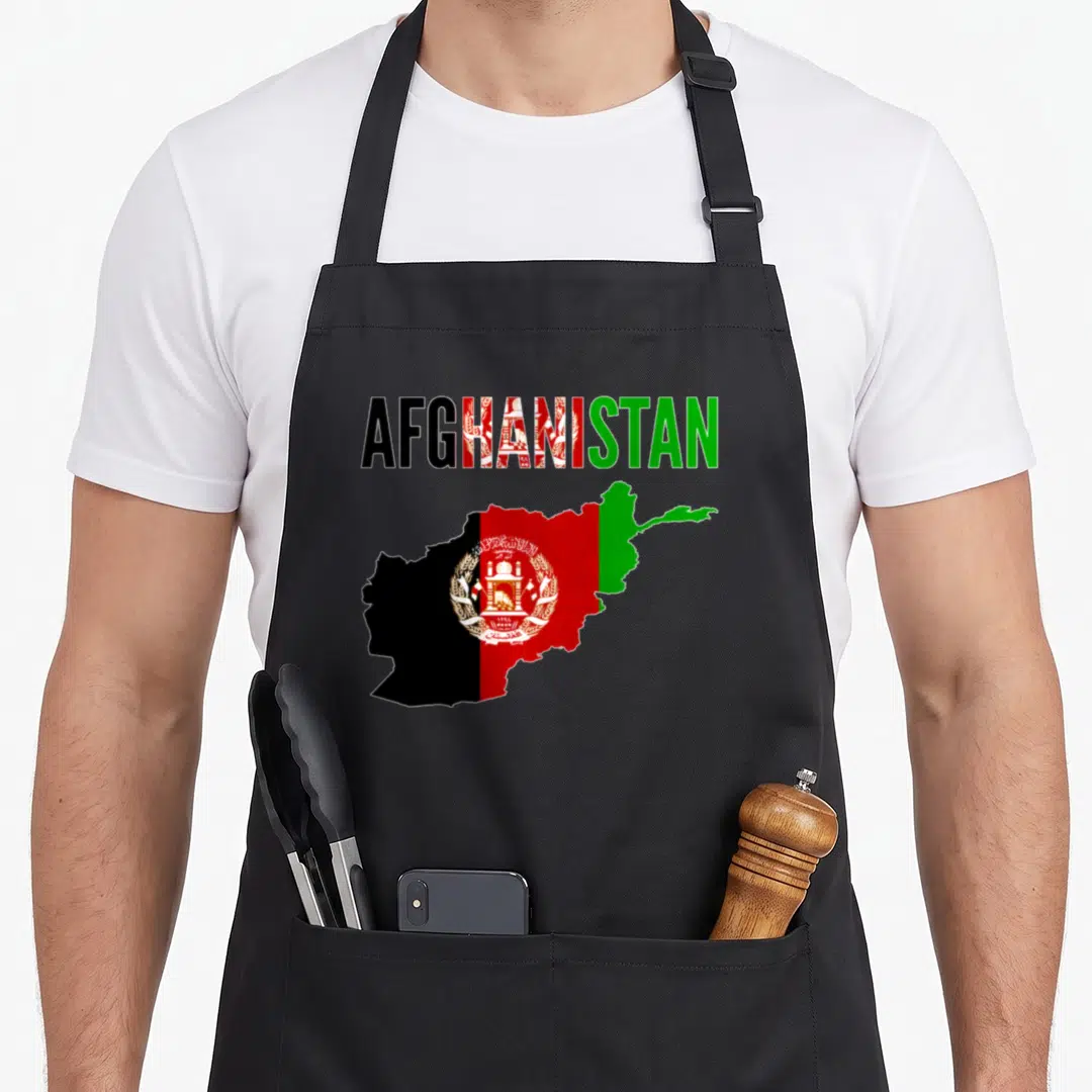 Afghan afghanistan country apron - AFGHANISTAN text above map filled with black red green flag colors and emblem — shown on a black cotton canvas apron against a white background