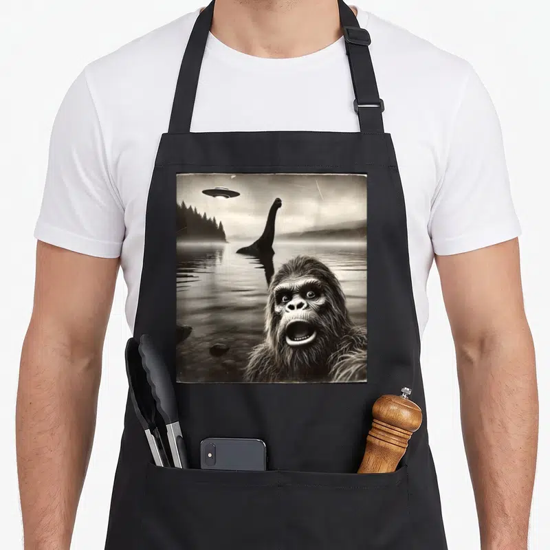 Ness monster bigfoot apron - Bigfoot taking a selfie with Loch Ness Monster and UFO in a lake scene — shown on a black cotton canvas apron against a white background