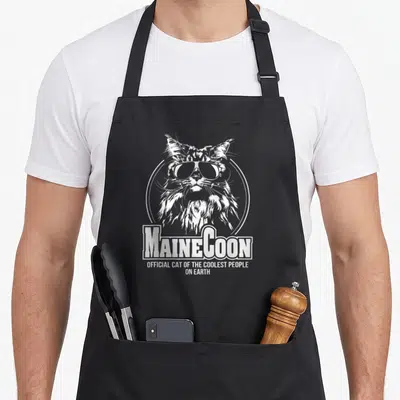 Proud cat apron - White Maine Coon cat wearing sunglasses inside a circle with stacked text below — shown on a black cotton canvas apron against a white background