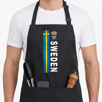 Soccer swedish apron - Vertical SWEDEN text beside blue yellow flag and crowned coat of arms — shown on a black cotton canvas apron against a white background
