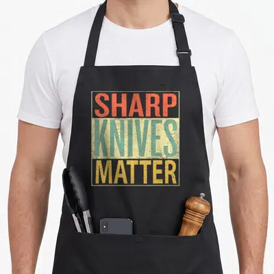 Sharp chef outfit with apron - Stacked text SHARP KNIVES MATTER in red green and yellow distressed block letters inside — shown on a black cotton canvas apron against a white background