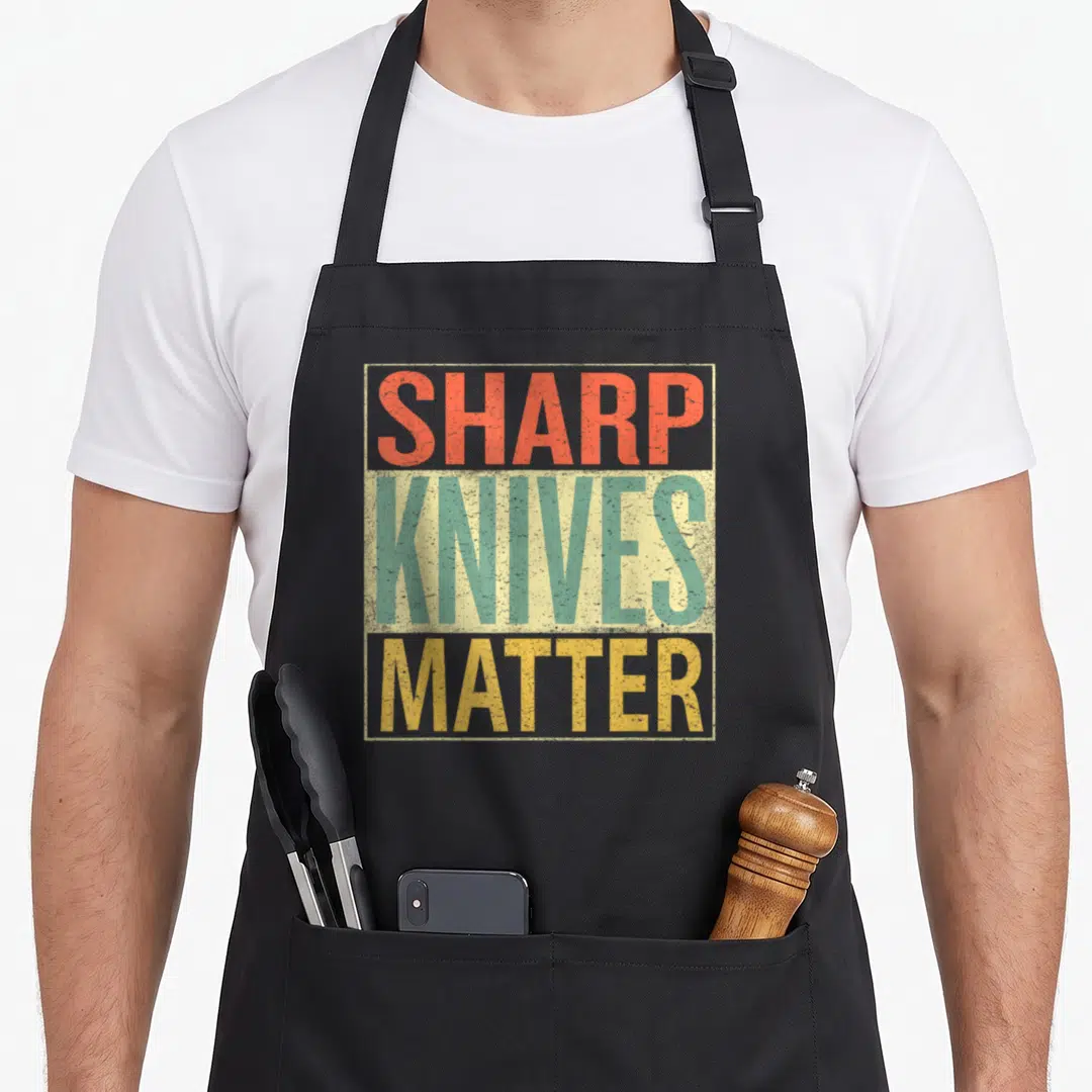 Sharp chef outfit with apron - Stacked text SHARP KNIVES MATTER in red green and yellow distressed block letters inside — shown on a black cotton canvas apron against a white background