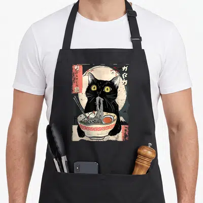 Kawaii cat apron - Black cat eating ramen with vertical RAMEN text and cherry blossoms in retro style — shown on a black cotton canvas apron against a white background