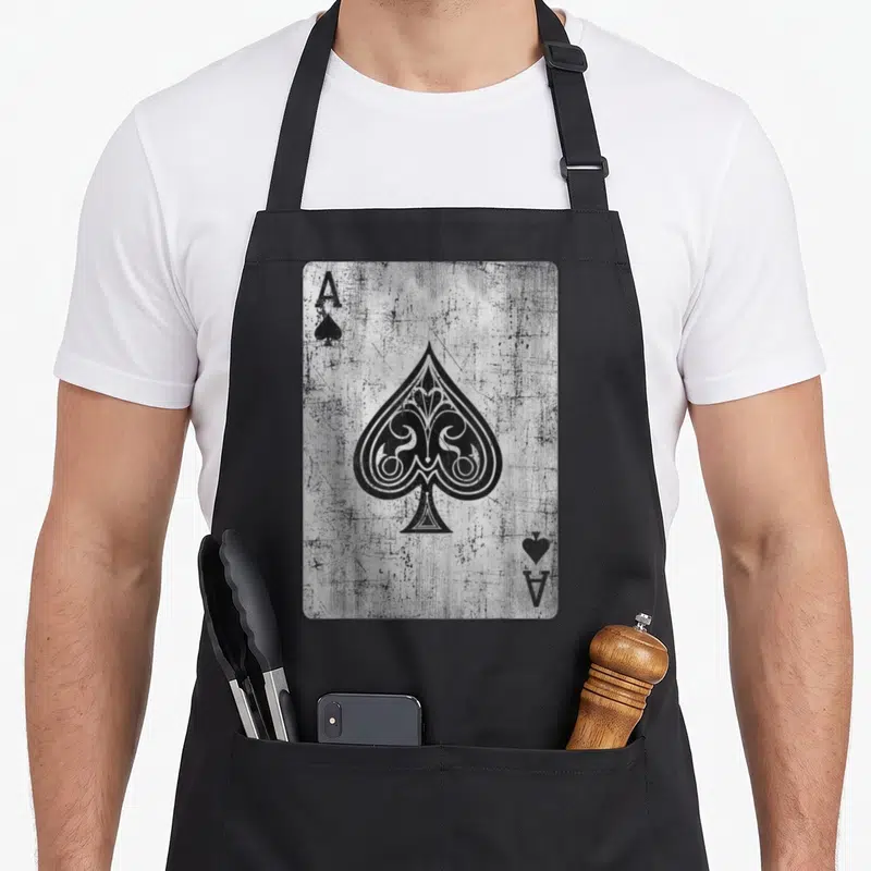 Gambling ace apron - Distressed black and white ace of spades playing card graphic — shown on a black cotton canvas apron against a white background