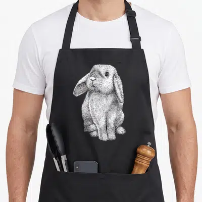 Lop eared bunny apron - Black and white line art of a sitting lop-eared rabbit with textured fur details — shown on a black cotton canvas apron against a white background