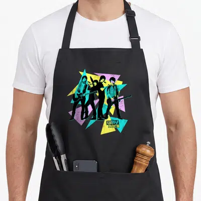 Channel crazy cruise apron - Four black band silhouettes holding guitars and microphones against yellow teal and purple — shown on a black cotton canvas apron against a white background