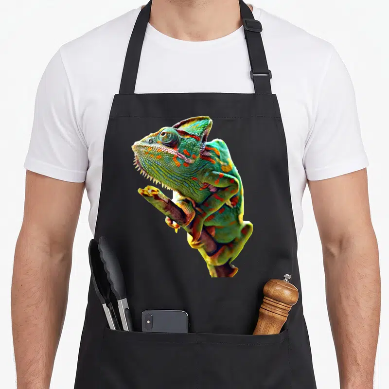 Scary chameleon apron - Realistic photo of a green veiled chameleon with orange and blue markings perched on a branch — shown on a black cotton canvas apron against a white background