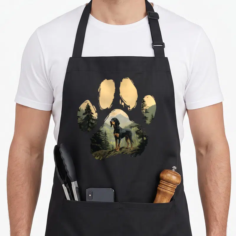 Coonhound mountain dog apron - Realistic black and tan hound standing in a forest inside a tan paw print shape — shown on a black cotton canvas apron against a white background