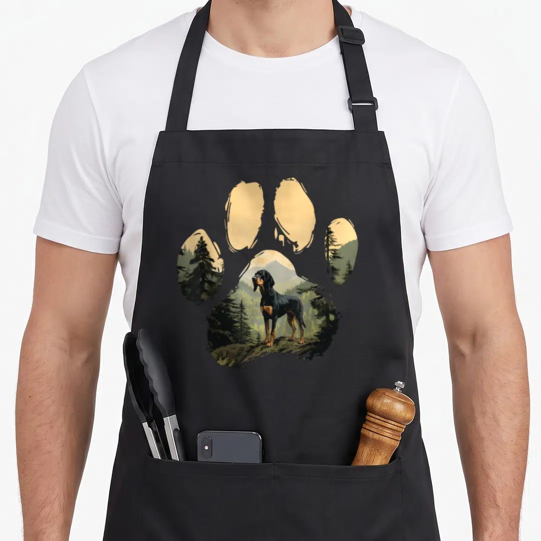 Coonhound mountain dog apron - Realistic black and tan hound standing in a forest inside a tan paw print shape — shown on a black cotton canvas apron against a white background