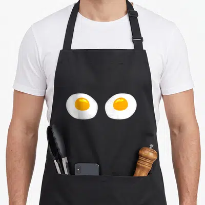 Bra egg apron - Two cartoon fried eggs side by side in white and yellow on black fabric — shown on a black cotton canvas apron against a white background