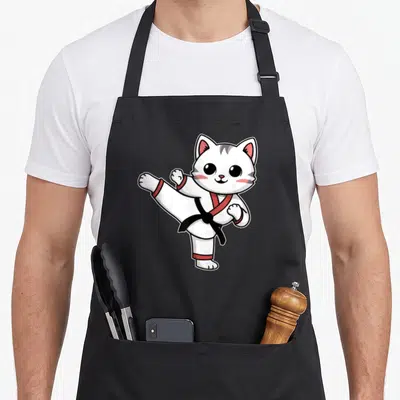 Karate cat apron - Cartoon white cat in white gi with black belt and red trim kicking — shown on a black cotton canvas apron against a white background
