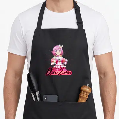 Otori emu lover apron - Pink-haired anime girl above red banner with Otori Emu in black script — shown on a black cotton canvas apron against a white background