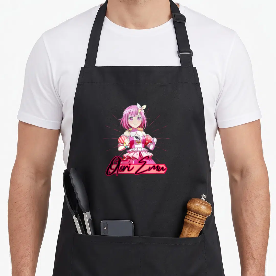 Otori emu lover apron - Pink-haired anime girl above red banner with Otori Emu in black script — shown on a black cotton canvas apron against a white background
