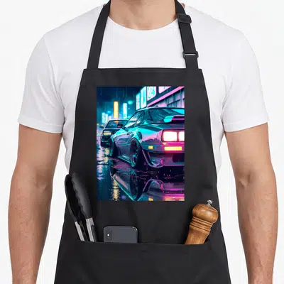 Domestic car apron - Slammed JDM sports car on wet street with teal and pink neon reflections — shown on a black cotton canvas apron against a white background