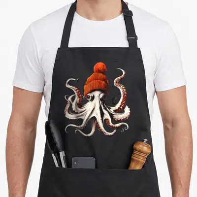 Beanie crazy octopus lady apron - Realistic octopus wearing orange knit beanie in white, orange, and grey illustration — shown on a black cotton canvas apron against a white background