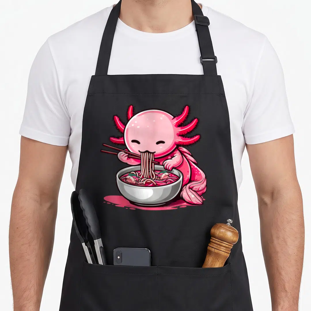 Axolotl anime apron - Pink axolotl eating noodles from white bowl with red chopsticks sitting in pink liquid puddle — shown on a black cotton canvas apron against a white background