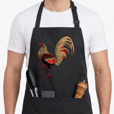Funny chicken rooster apron - Line-art rooster in red, tan, and black standing in profile — shown on a black cotton canvas apron against a white background