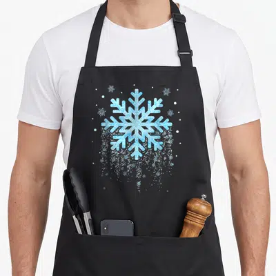 Costume winter apron - Large glittery light blue snowflake with trailing white dots and smaller crystals on black fabric — shown on a black cotton canvas apron against a white background
