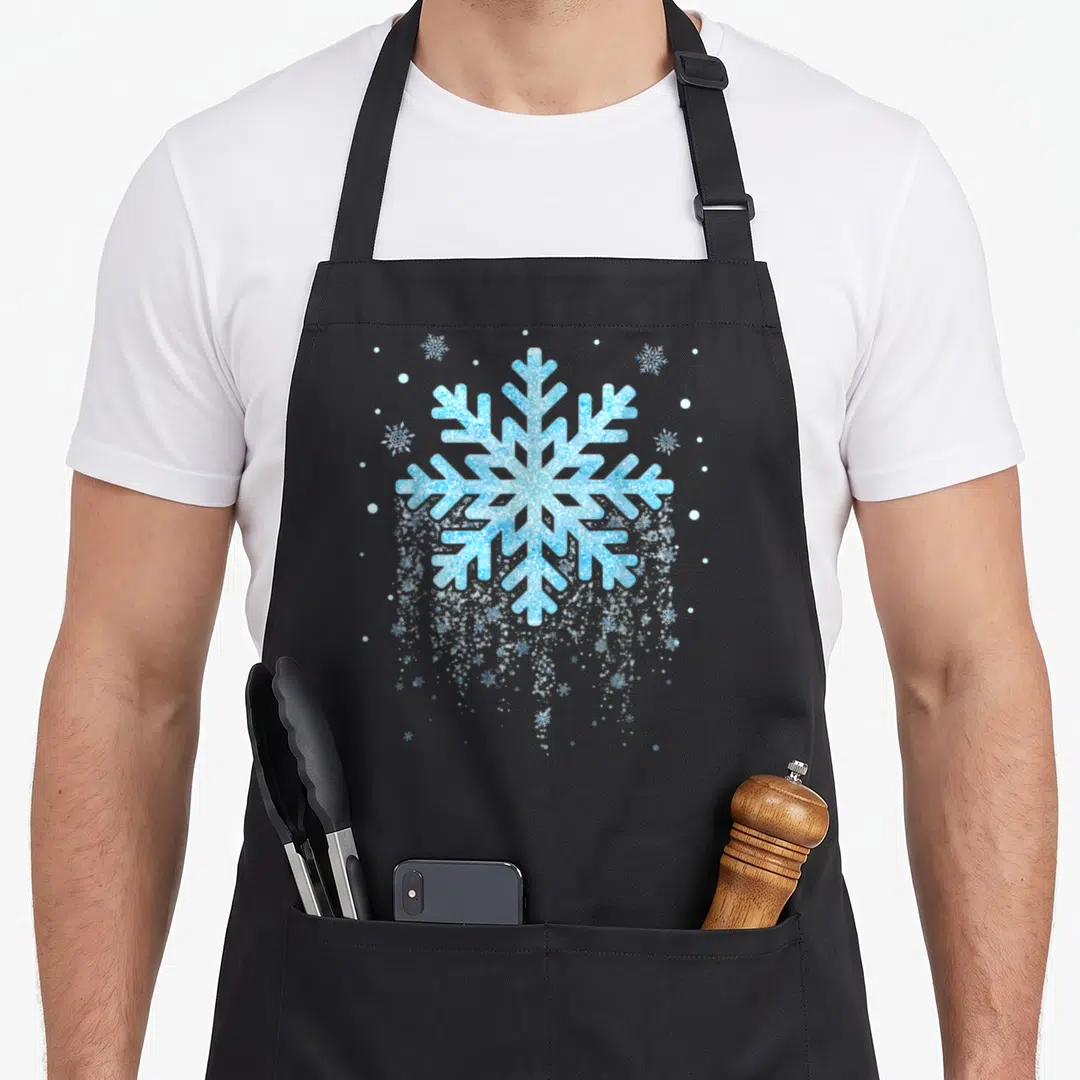 Costume winter apron - Large glittery light blue snowflake with trailing white dots and smaller crystals on black fabric — shown on a black cotton canvas apron against a white background