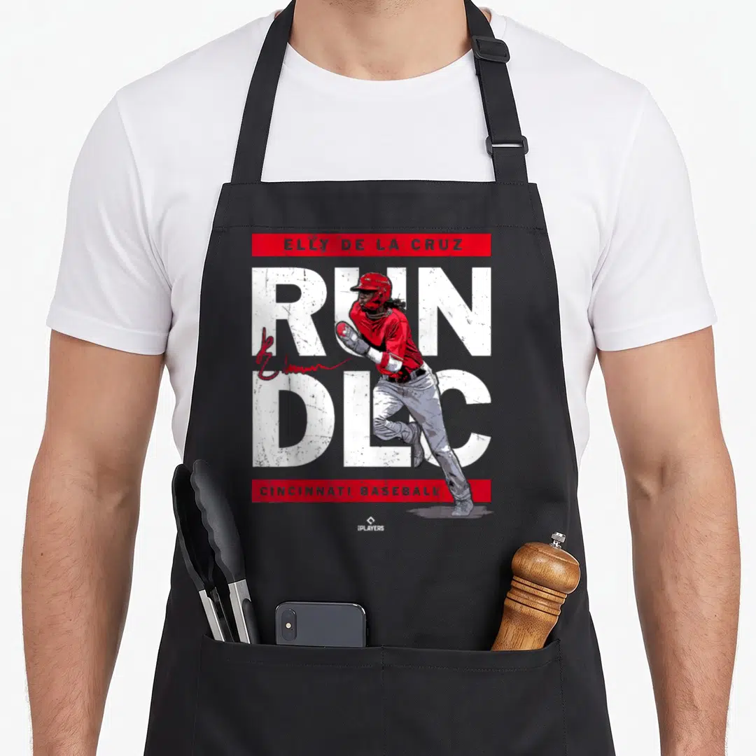 Run las cruces apron - Baseball player running over RUN DLC text with red bars and signature — shown on a black cotton canvas apron against a white background