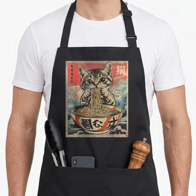 Food cat apron - Retro tabby cat eating ramen from a bowl with Japanese text on red and blue background — shown on a black cotton canvas apron against a white background