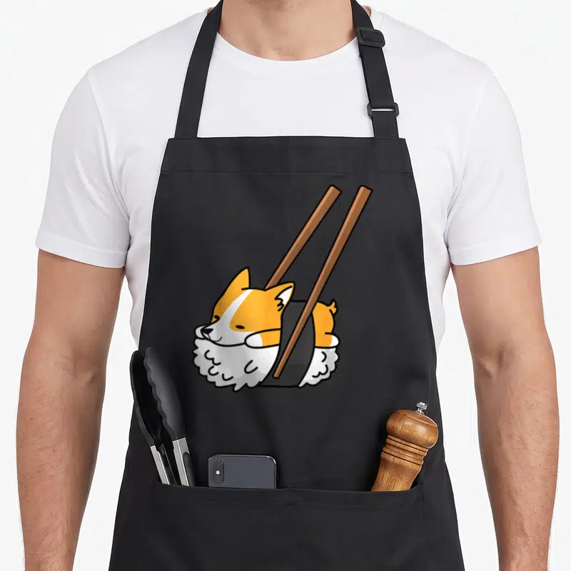 Corgi sushi apron - Cartoon corgi curled in sushi roll with nori rice and two wooden chopsticks — shown on a black cotton canvas apron against a white background