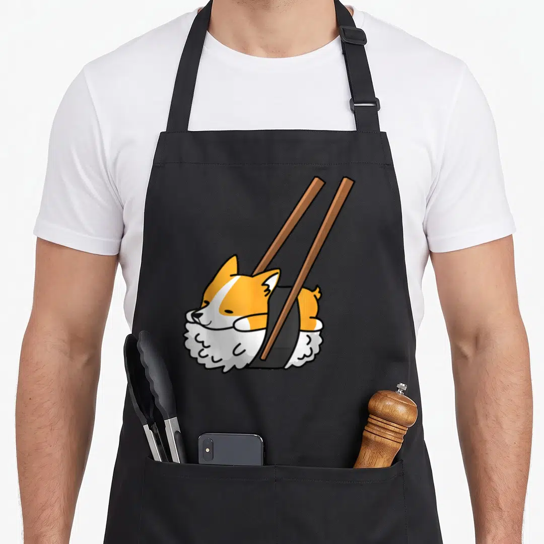 Corgi sushi apron - Cartoon corgi curled in sushi roll with nori rice and two wooden chopsticks — shown on a black cotton canvas apron against a white background