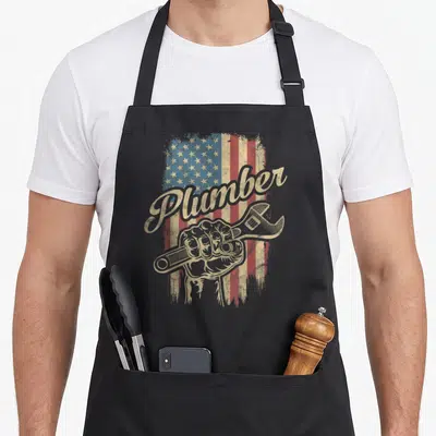 Pipe american flag apron - Distressed US flag background with tan fist holding wrench and script Plumber text — shown on a black cotton canvas apron against a white background